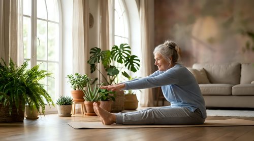 Senior woman practicing yoga stretching exercise on mat in bright living room with houseplants creating peaceful wellness atmosphere at home.