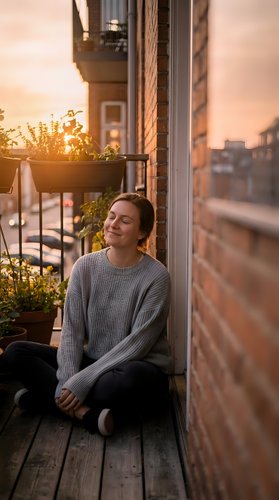 Young woman with long dark hair, Caucasian ethnicity, sitting peacefully on urban balcony at golden hour surrounded by potted plants, enjoying sunset city views for lifestyle and wellness content.