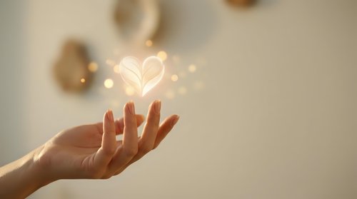 Hand holding glowing heart symbol with warm light effects representing love, care, compassion and emotional wellness in soft neutral background.