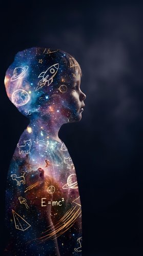 Child silhouette filled with cosmic galaxy and science symbols representing imagination, learning and discovery in STEM education concept.