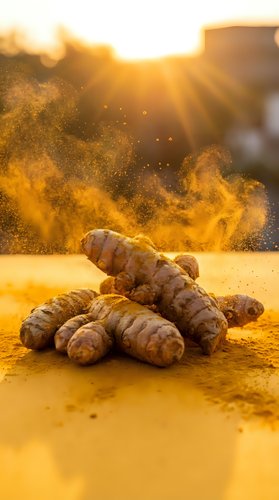 Fresh turmeric roots with golden powder explosion in warm sunlight creating dramatic culinary spice photography for cooking and health concepts.