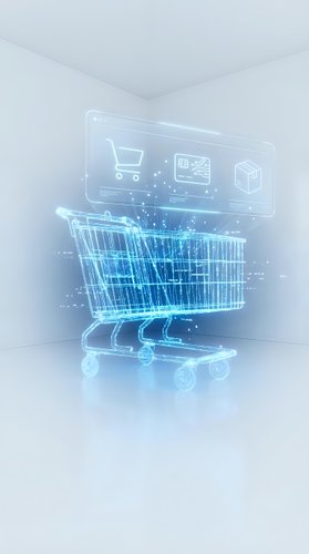 Digital shopping cart hologram with glowing blue wireframe and ecommerce icons floating above, representing online retail technology and virtual commerce.