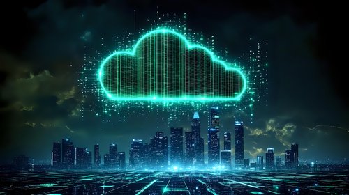 Futuristic cityscape with glowing neon cloud symbol floating above skyscrapers at night, digital grid pattern and particles representing cloud computing technology.