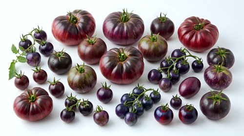 Assorted purple heirloom tomatoes and cherry tomatoes isolated on white background for culinary design projects and healthy eating concepts.