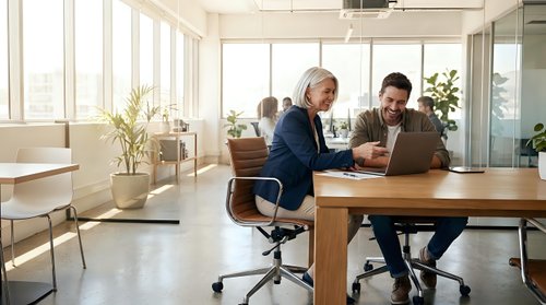 Two professional businessmen collaborating on laptop in bright modern office space with large windows and contemporary furniture for teamwork presentations.