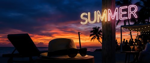 Glowing neon summer sign at tropical beach sunset with straw hat, sunglasses, palm trees, and festive outdoor gathering in warm evening light.