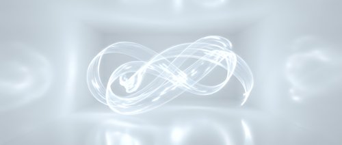 Glowing white infinity symbol with flowing energy trails on soft gray background with bokeh light effects for spiritual and technology concepts.