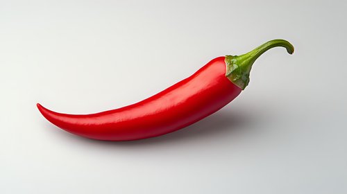 Fresh red chili pepper with green stem isolated on light gray background, sharp detailed macro photography showing glossy texture and natural curves.
