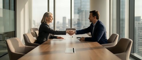 Professional businesswoman and businessman shaking hands across conference table in modern office with city skyline view during successful meeting.