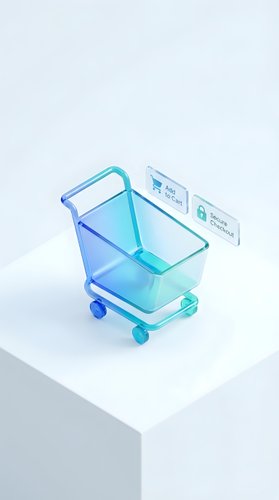 Transparent glass shopping cart with mobile app interface elements for e-commerce and online retail business concepts on white background.
