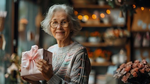 Senior woman with gray hair and glasses holding pink gift box in cozy shop with warm lighting and floral decorations.