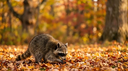 Raccoon foraging among colorful autumn leaves in forest setting with golden fall foliage creating natural wildlife habitat scene for seasonal nature content.