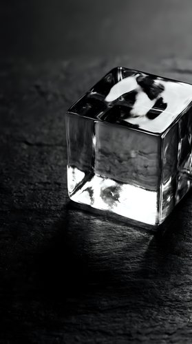 Black and white artistic photo of transparent glass cube with reflections on dark textured surface creating dramatic shadows and light patterns.