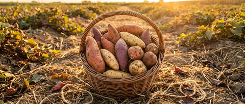 Fresh organic potatoes in wicker basket at sunset harvest time in agricultural field with golden light and autumn foliage for farm to table cooking.