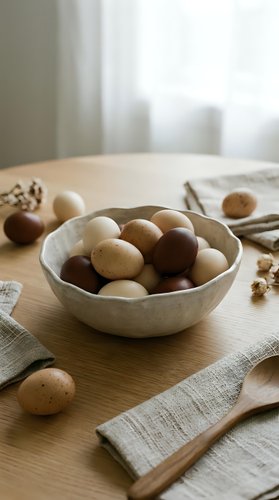 Fresh farm eggs in ceramic bowl on wooden table with natural linen cloth creating rustic kitchen scene for organic cooking and healthy eating concepts.