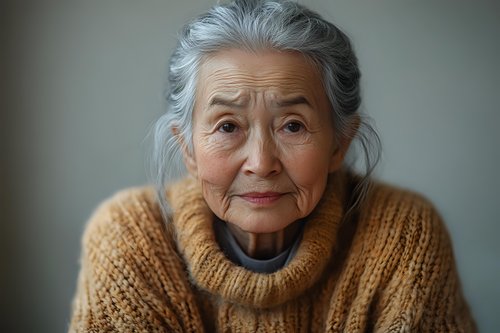Portrait of senior Asian woman with gentle smile wearing cozy knit sweater against blurred background, conveying wisdom and contentment in natural lighting.