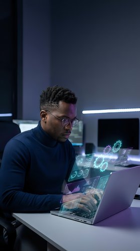 Young African American man working on laptop with holographic data projections in futuristic office environment for technology and innovation concepts.