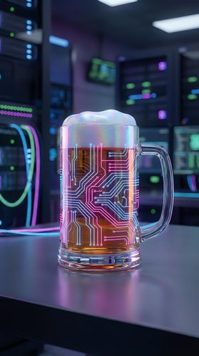 Glass beer mug with glowing circuit board pattern in futuristic server room with neon lights and technology equipment background for tech concepts.