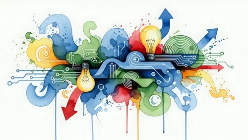 Creative business innovation concept with colorful abstract shapes, arrows, lightbulb and geometric elements representing growth and ideas.