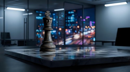 Chess piece on modern office table with city lights bokeh background, symbolizing strategy and business planning.