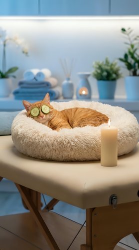 Orange tabby cat relaxing with cucumber slices on eyes in fluffy pet bed during spa day at home with candles and plants creating peaceful wellness atmosphere.