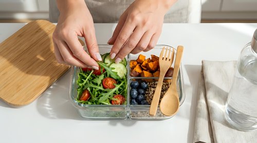 Woman's hands arranging fresh green salad with tomatoes and berries in glass containers on wooden tray for meal prep and healthy eating.