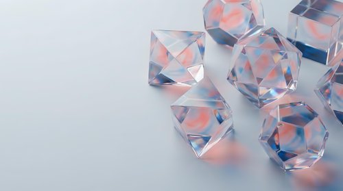 Sparkling crystal diamonds with pink and blue reflections scattered on white background for luxury jewelry and gemstone design projects.
