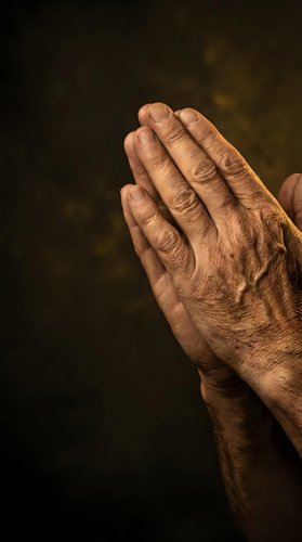 Elderly male hands pressed together in prayer or meditation gesture against dark background, conveying spirituality, faith, gratitude, and contemplation for religious and wellness concepts.