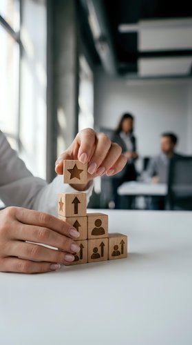 Hands stacking wooden blocks with business icons into a pyramid in a modern office, symbolizing growth, leadership, and team success.
