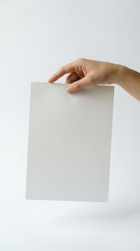 Hand holding blank white paper sheet against neutral background for mockup design templates and presentation materials.