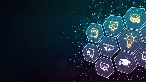 Digital technology hexagonal network with educational icons on dark blue background with glowing particles for modern learning concepts.