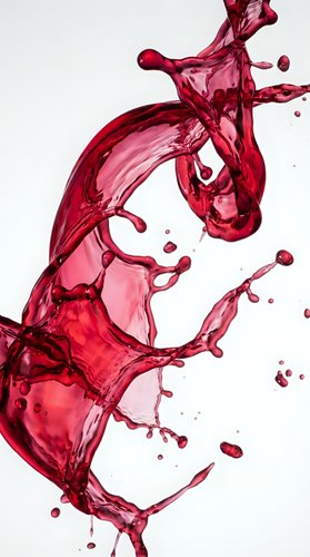 Dynamic red liquid splash with flowing motion and droplets on white background for beverage advertising and creative design projects.