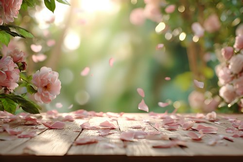 Wooden table with scattered pink flower petals under blooming cherry blossom tree with soft sunlight and bokeh background for spring product display.