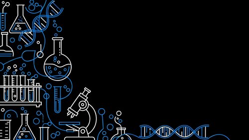 Science laboratory equipment and chemistry symbols in blue line art style on black background with copy space for educational design.