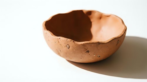 Broken ceramic pottery bowl with cracked edges on white background, handmade clay vessel fragment showing natural terracotta texture for artistic projects.