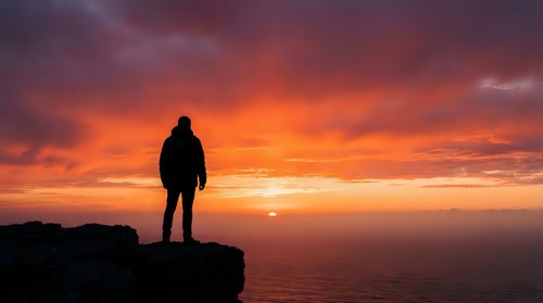 Young adult male silhouette standing on rocky cliff edge at sunset, gazing at golden orange sky and ocean horizon. Suitable for motivational, travel, and lifestyle content.