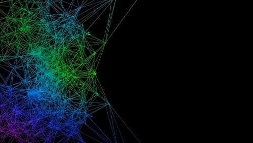 Abstract network connections with colorful gradient lines on black background for technology presentations and digital communication concepts.