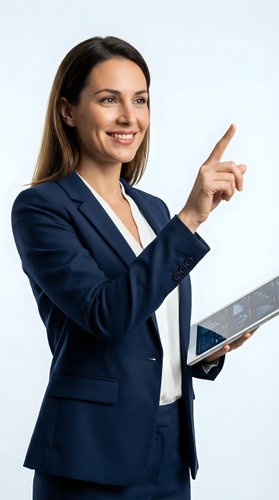 Professional businesswoman in navy suit pointing finger while holding tablet, isolated on white background for corporate presentations and marketing materials.