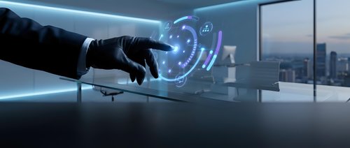 Gloved hand touching holographic fingerprint scan interface with cityscape view, representing biometric security, digital authentication, and futuristic technology solutions.