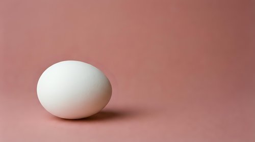 Single white chicken egg on soft pink background with minimal shadow for cooking and food photography concepts.