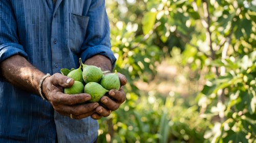 Farmer holding freshly harvested green mangoes in hands at orchard, agriculture and farming produce concept for commercial use.