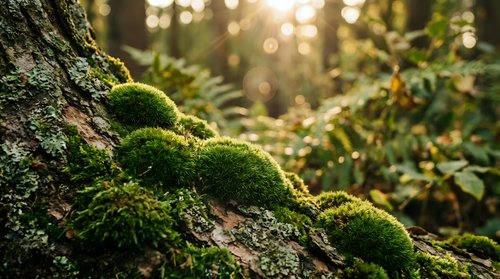Vibrant green moss growing on tree bark in sunlit forest with golden bokeh light filtering through leaves creating peaceful natural woodland atmosphere.