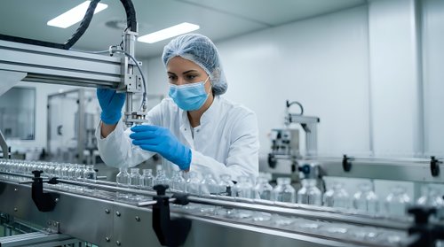 Female scientist in protective gear examining sample in modern pharmaceutical laboratory with sterile equipment and quality control procedures.
