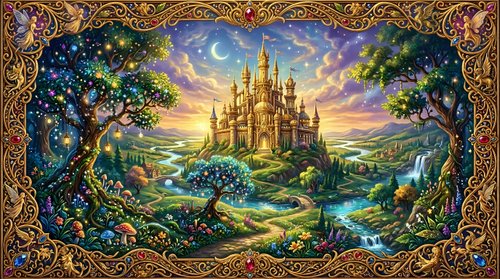 Fantasy castle on hill surrounded by magical landscape with ornate golden frame border for fairy tale themed designs and storytelling projects.