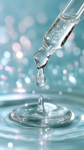 Crystal clear water drop falling from glass dropper creating ripple effect on turquoise surface with soft bokeh background, macro photography for cosmetic and skincare.