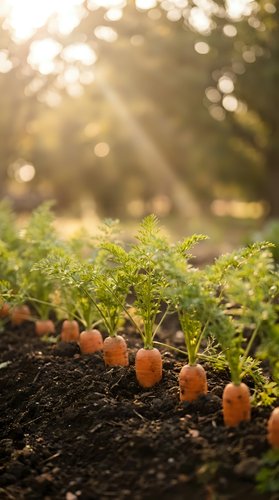 Fresh organic carrots growing in rich soil with green foliage in warm golden sunlight with bokeh background for healthy eating and gardening concepts.