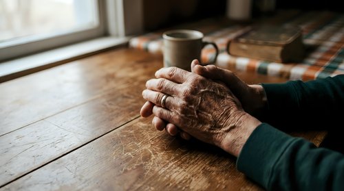 Elderly hands clasped together on wooden table with coffee mug in cozy home setting conveying peace, reflection and quiet morning moments.