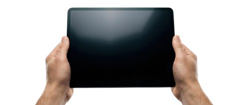 Hands holding blank tablet device with black screen, isolated on white background for app mockup and digital design projects.