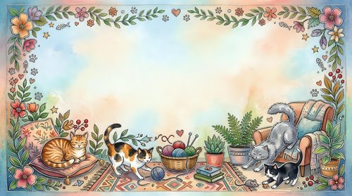 Cozy watercolor frame with sleeping cats, books, plants and floral border on textured background for greeting cards, invitations and decorative designs.