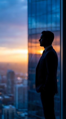 Silhouette of businessman in suit standing by office window at sunset overlooking city skyline for corporate leadership and success concepts.